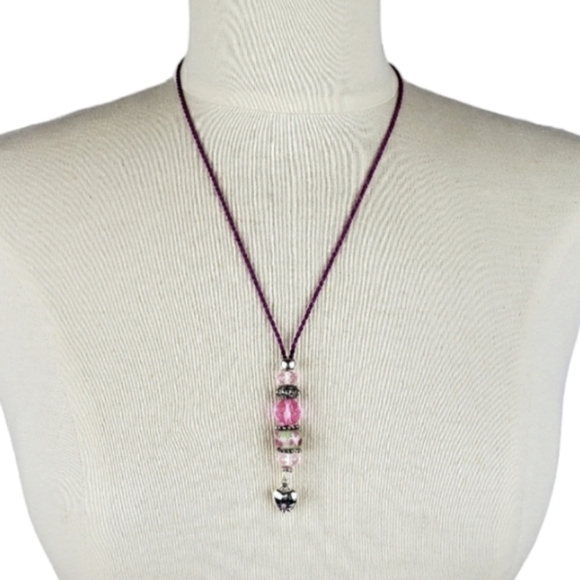 SAQ Handmade Glass Bead Heart Necklace Satin Cord Lanyard Valentine's Day - Picture 1 of 10
